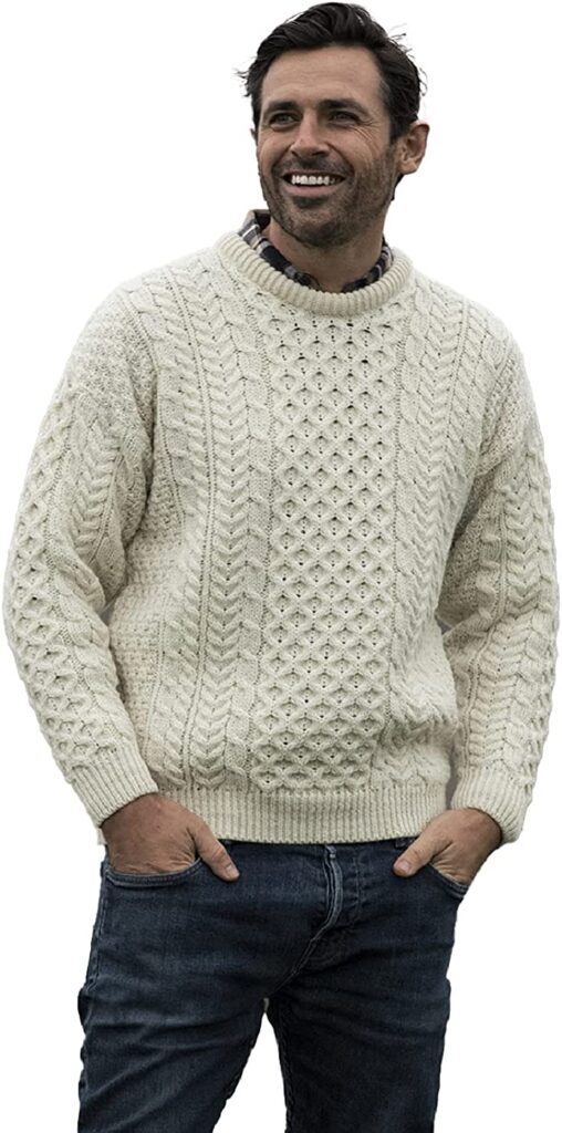 Aran Woollen Mills Mens Irish Wool Sweater, 100% Real Irish Wool Jumper, Traditional Aran Knit Pattern