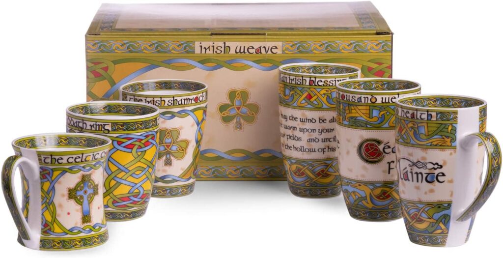 Royal Tara 6 Mug Set with Irish Blessing, Shamrock Design with Box - Irish History Set