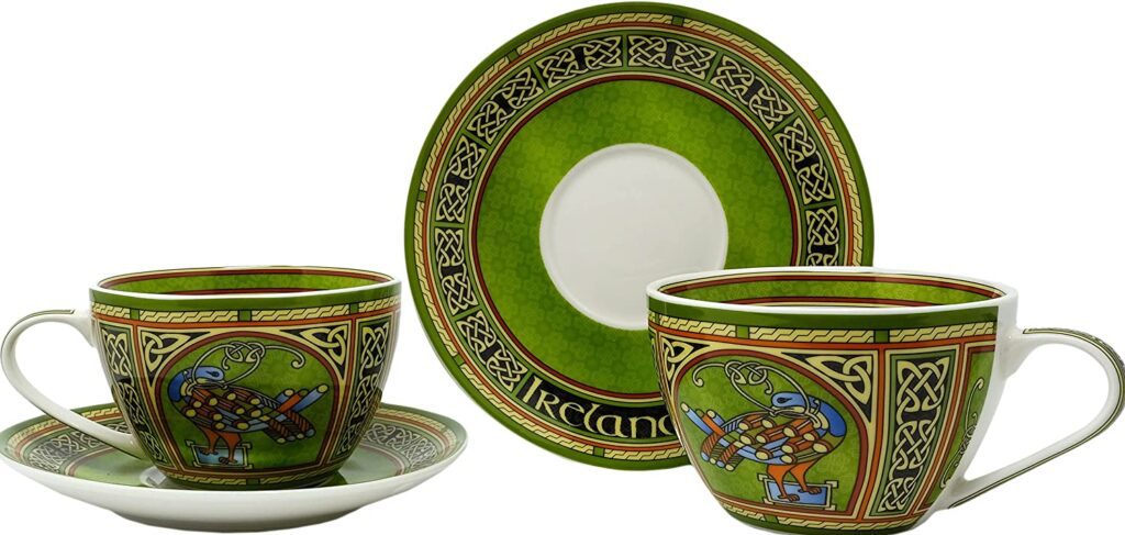 Royal Tara Irish set of 2 Celtic Peacock Cups & 2 Saucers - Irish Weave Packed in Irish Weave Box