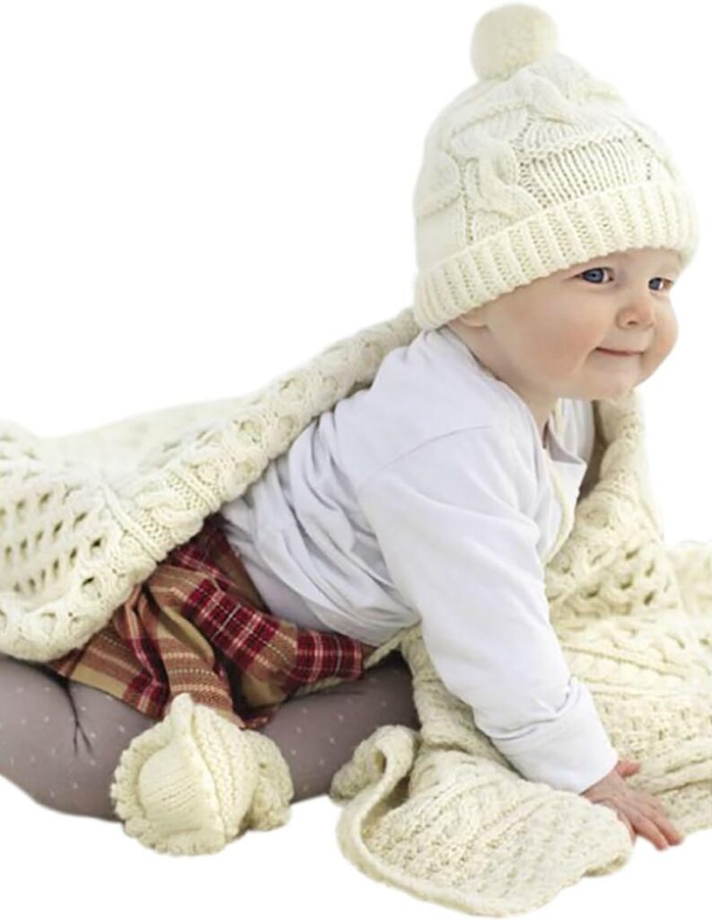 SAOL Irish Baby Blanket 100% Merino Wool Aran Throw for Kids