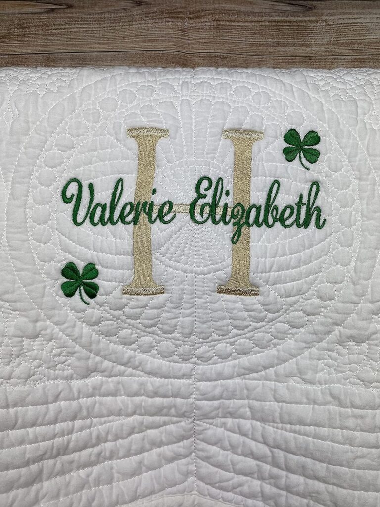 Irish Blanket Baby - White Blanket, Green Embroider, Gold Initials