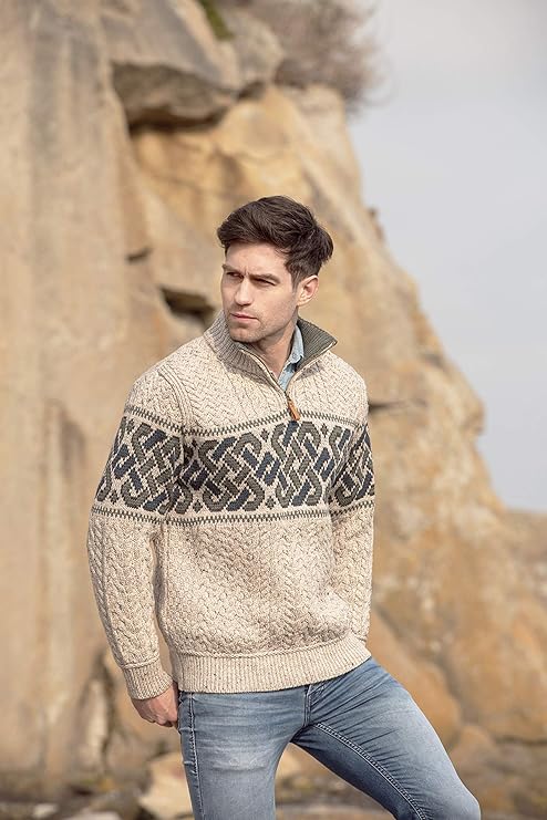 Aran Crafts Men's Irish Cable Knit Half Zip Jacquard Sweater (100% Merino Wool)