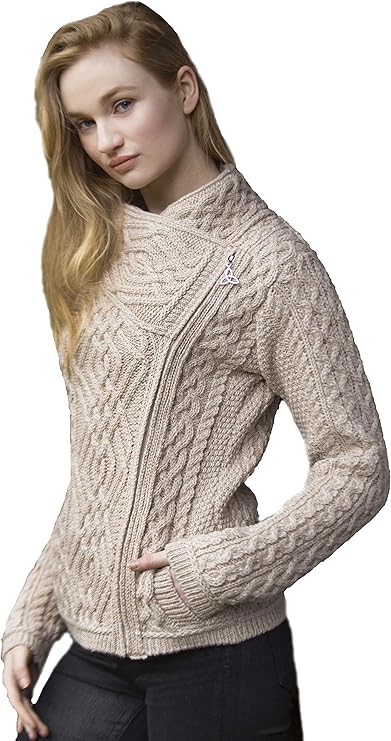 Aran Crafts Women's Irish Cable Knitted Side Zip Cardigan (100% Merino Wool)